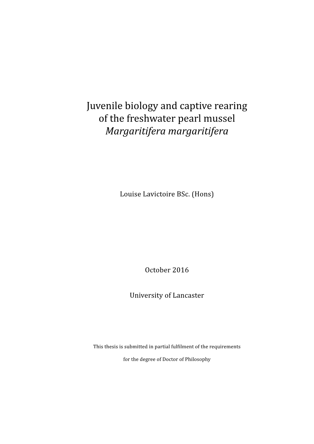 Juvenile Biology and Captive Rearing of the Freshwater Pearl Mussel Margaritifera Margaritifera