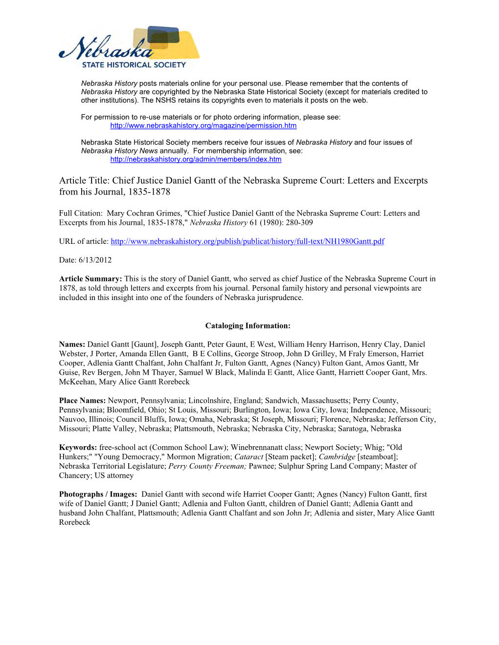 Article Title: Chief Justice Daniel Gantt of the Nebraska Supreme Court: Letters and Excerpts from His Journal, 1835-1878