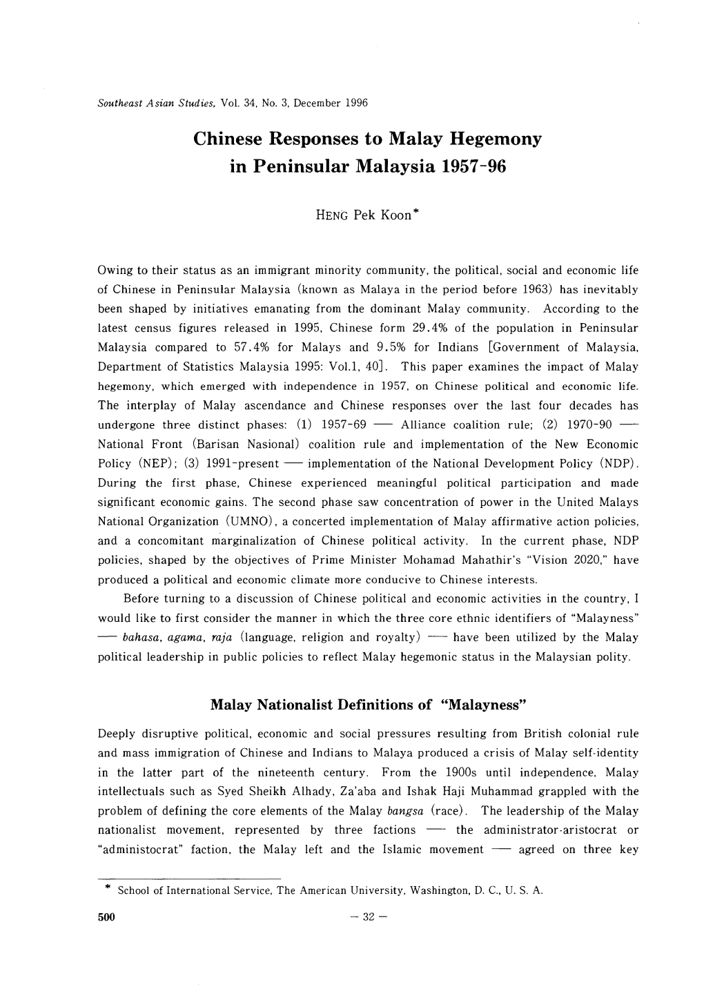 Chinese Responses to Malay Hegemony in Peninsular Malaysia 1957-96