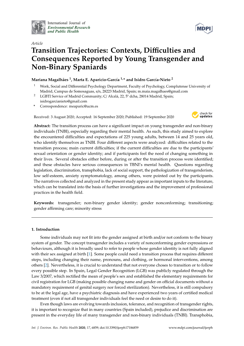 Transition Trajectories: Contexts, Diﬃculties and Consequences Reported by Young Transgender and Non-Binary Spaniards