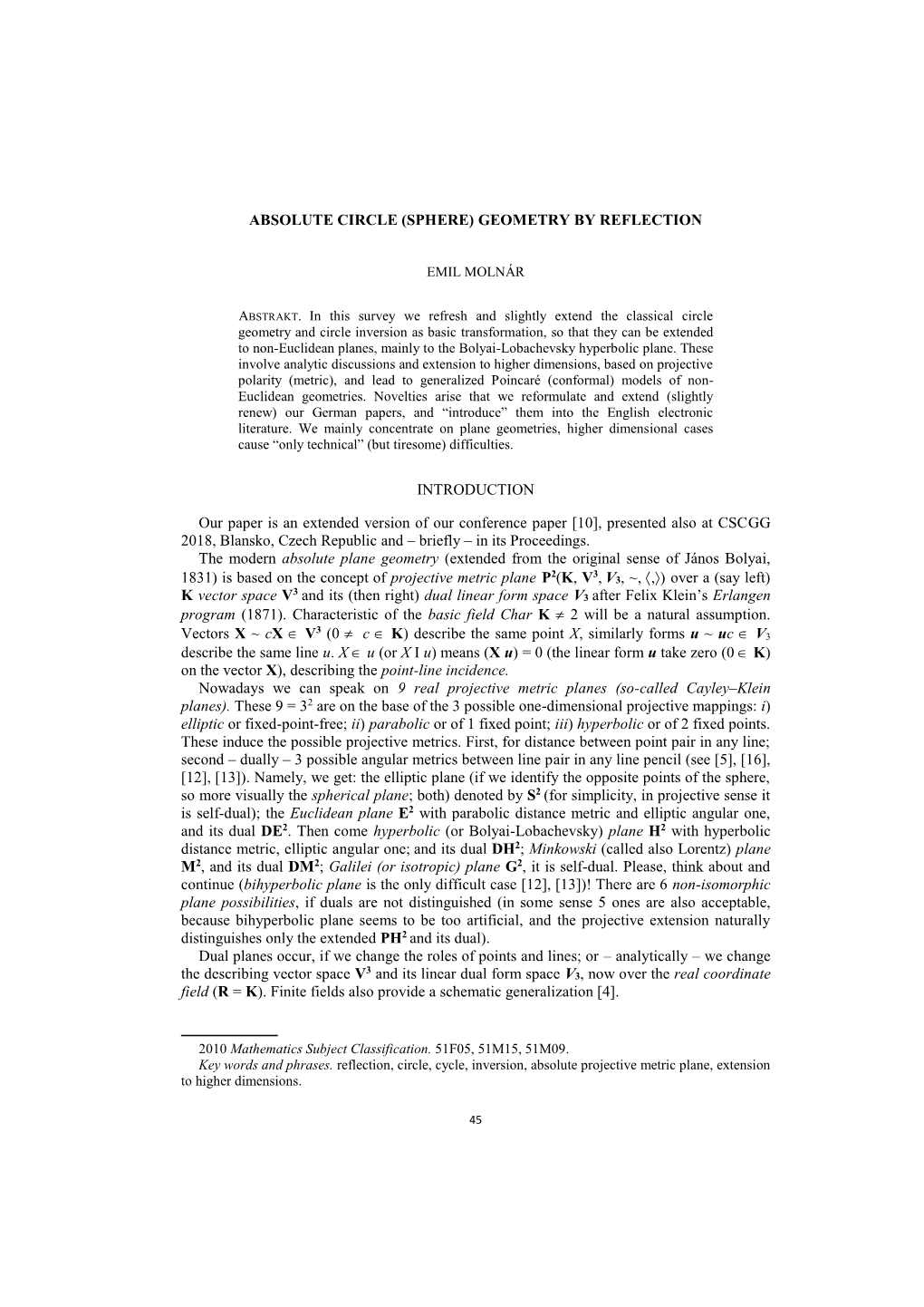 ABSOLUTE CIRCLE (SPHERE) GEOMETRY by REFLECTION INTRODUCTION Our Paper Is an Extended Version of Our Conference Paper [10], Pres