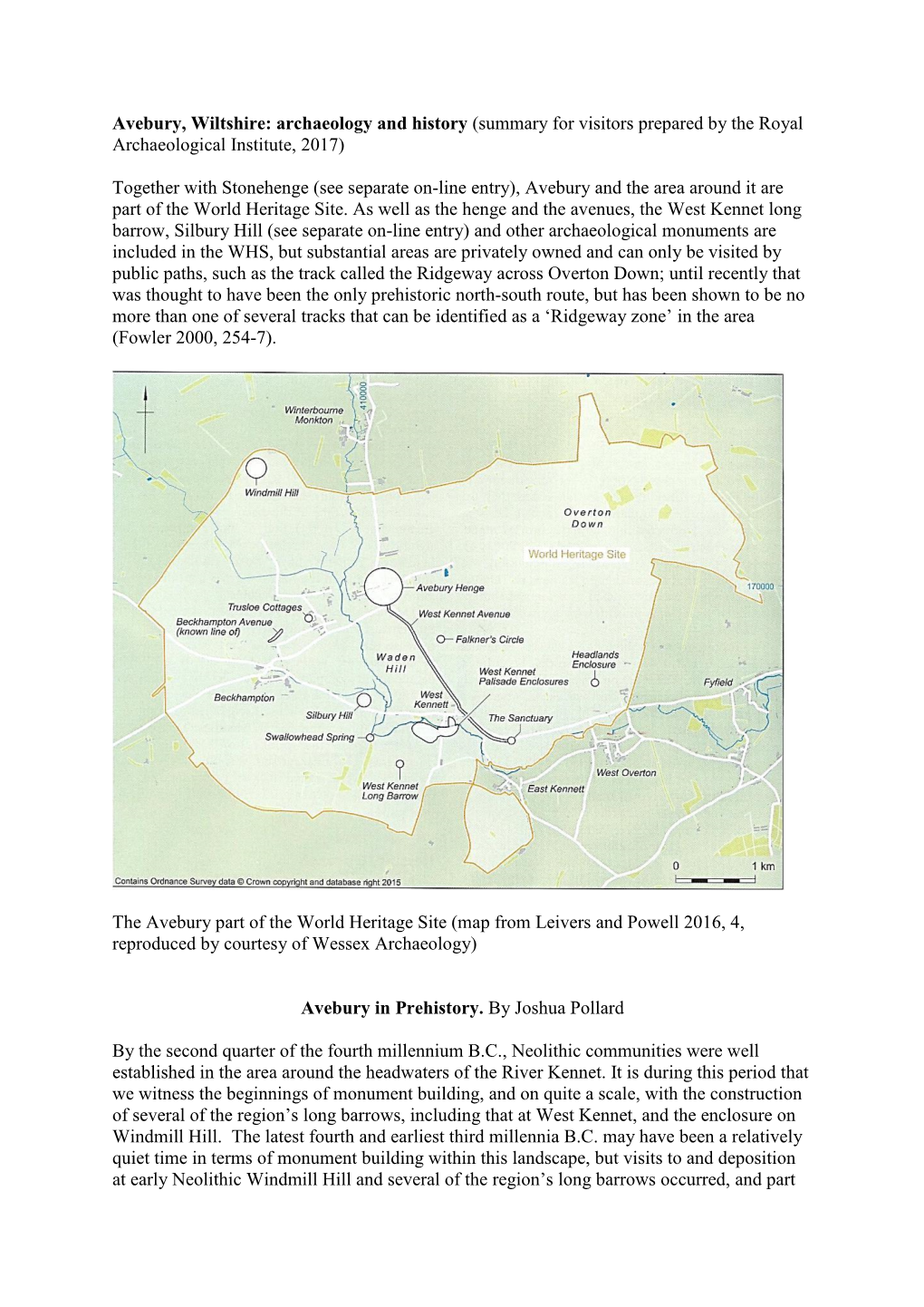 Avebury, Wiltshire: Archaeology and History (Summary for Visitors Prepared by the Royal Archaeological Institute, 2017)