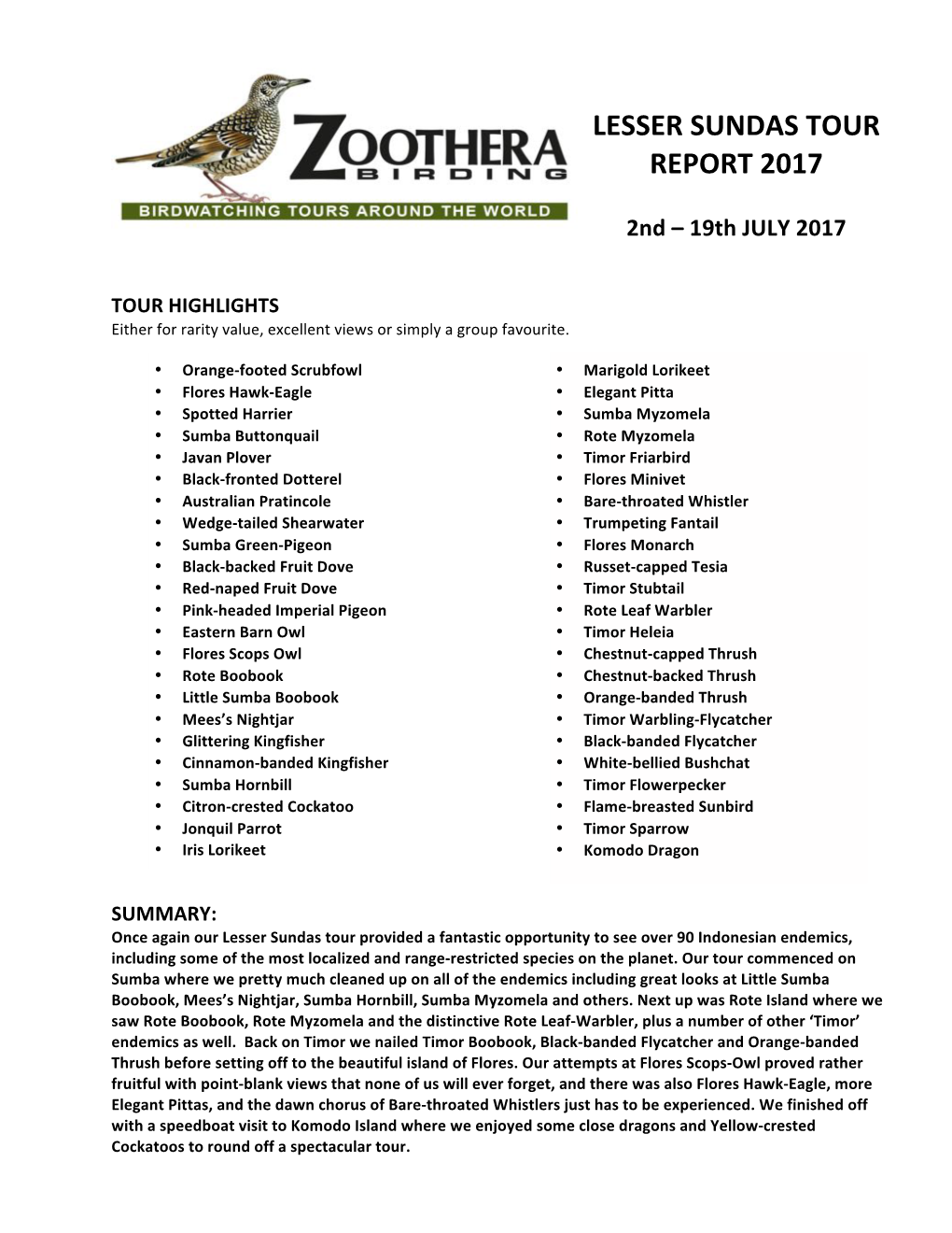 Lesser Sundas Tour Report 2017