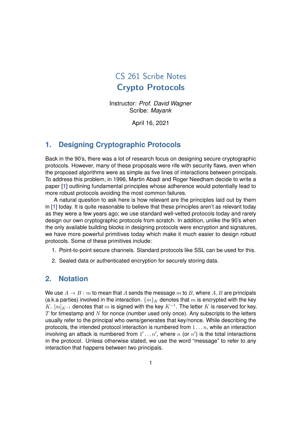 CS 261 Scribe Notes Crypto Protocols