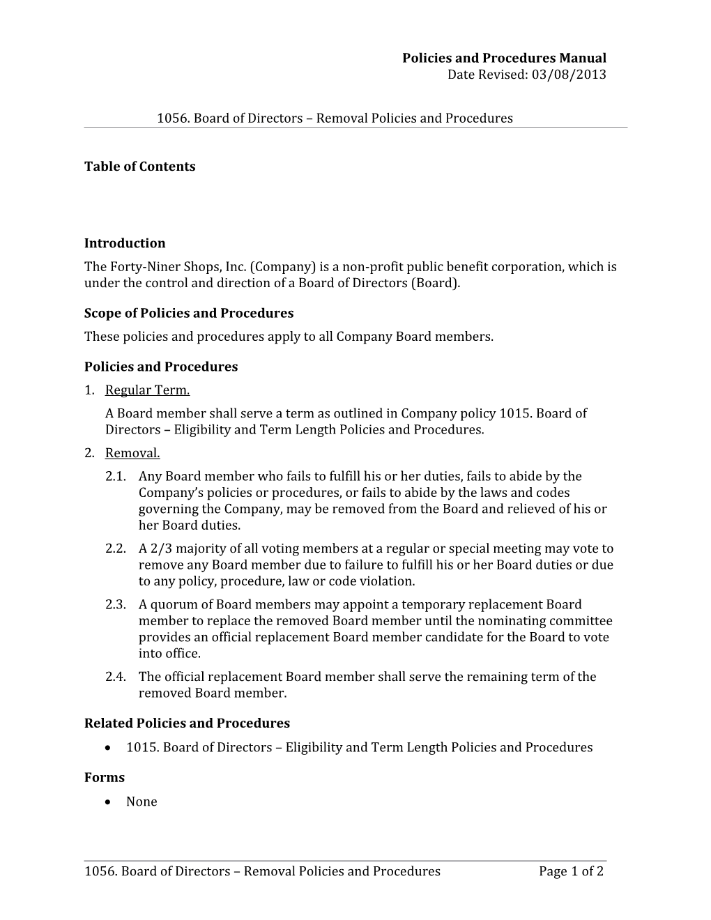 1056. Board of Directors Removal Policies and Procedures