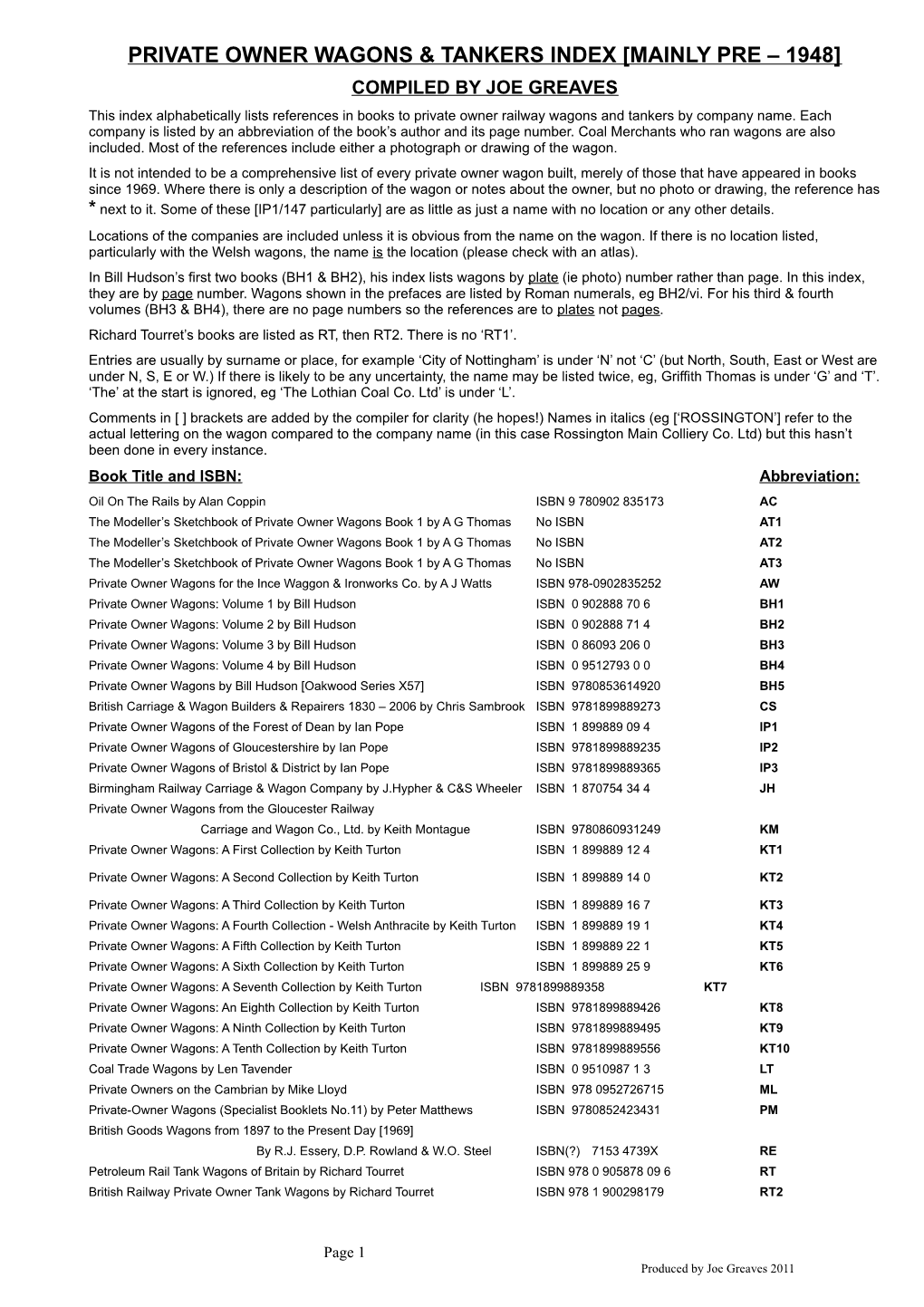 Private Owner Wagons Index