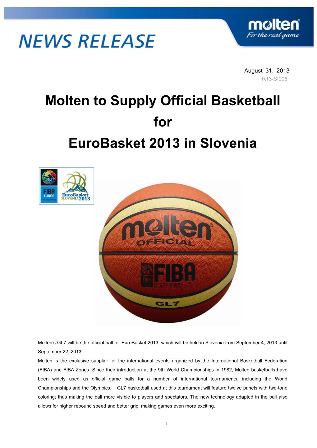 Molten to Supply Official Basketball for Eurobasket 2013 in Slovenia(PDF