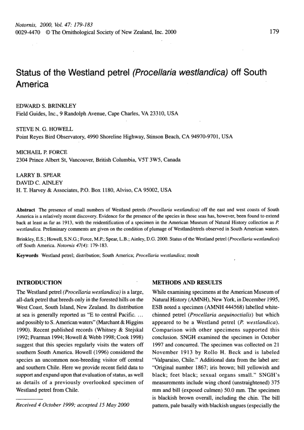 Procellaria Westlandica) Off South America