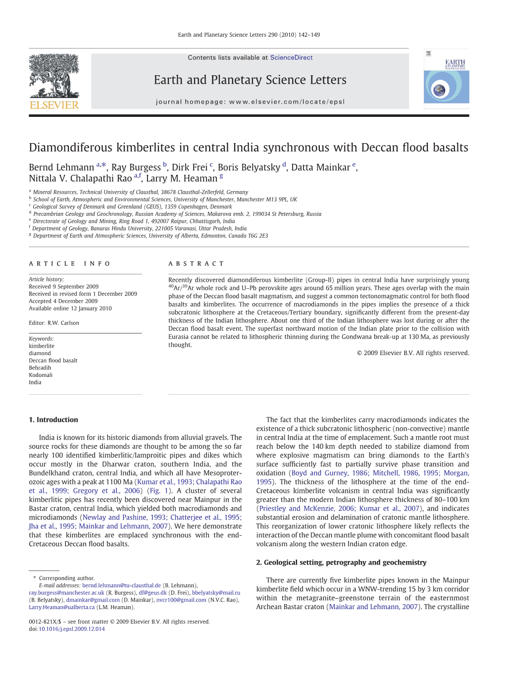 Diamondiferous Kimberlites in Central India Synchronous with Deccan ﬂood Basalts