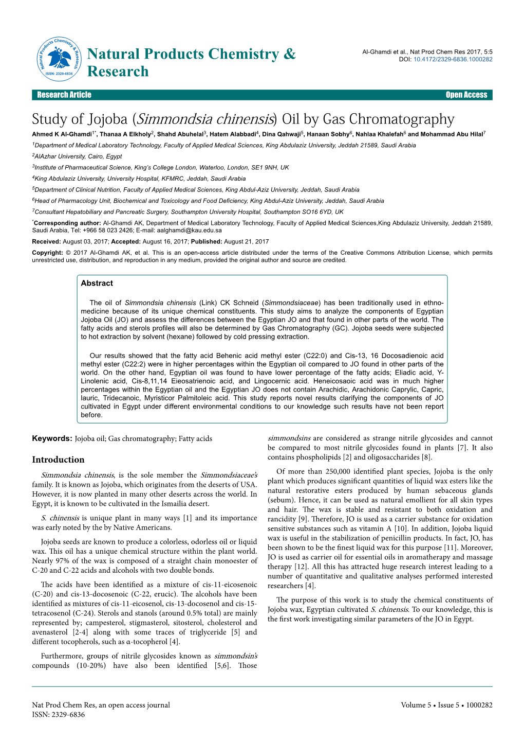 Study of Jojoba (Simmondsia Chinensis) Oil by Gas