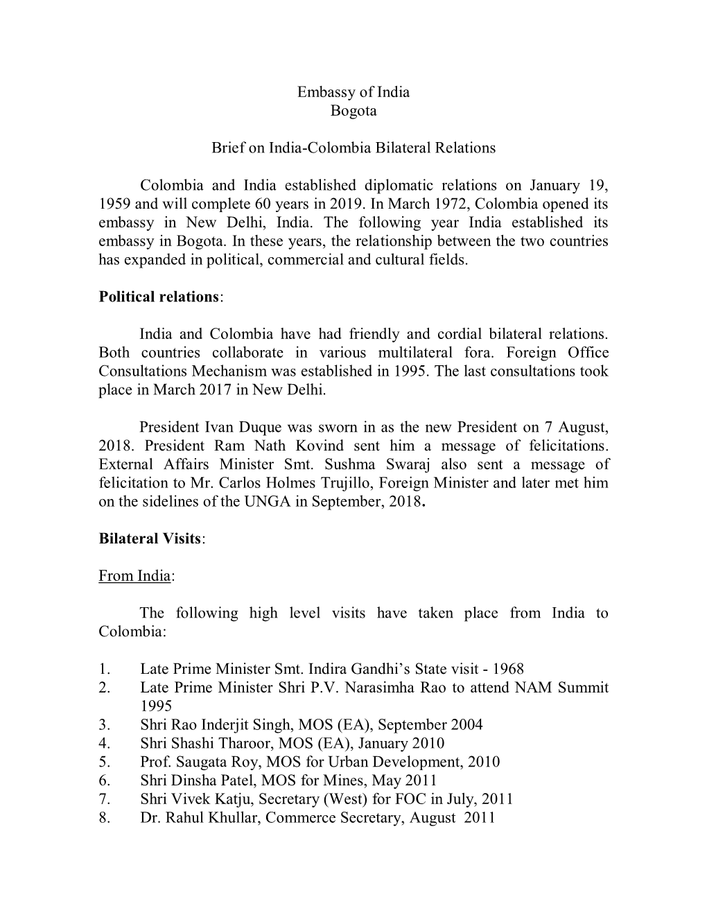 Embassy of India Bogota Brief on India-Colombia Bilateral Relations