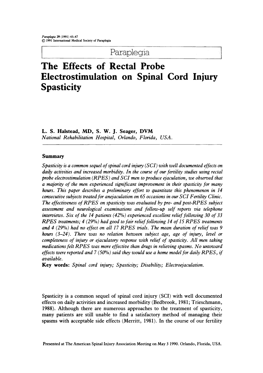 The Effects of Rectal Probe Electrostimulation on Spinal Cord Injury Spasticity