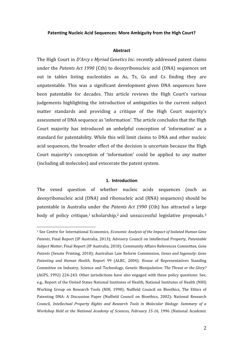 Abstract the High Court in D'arcy V Myriad Genetics In