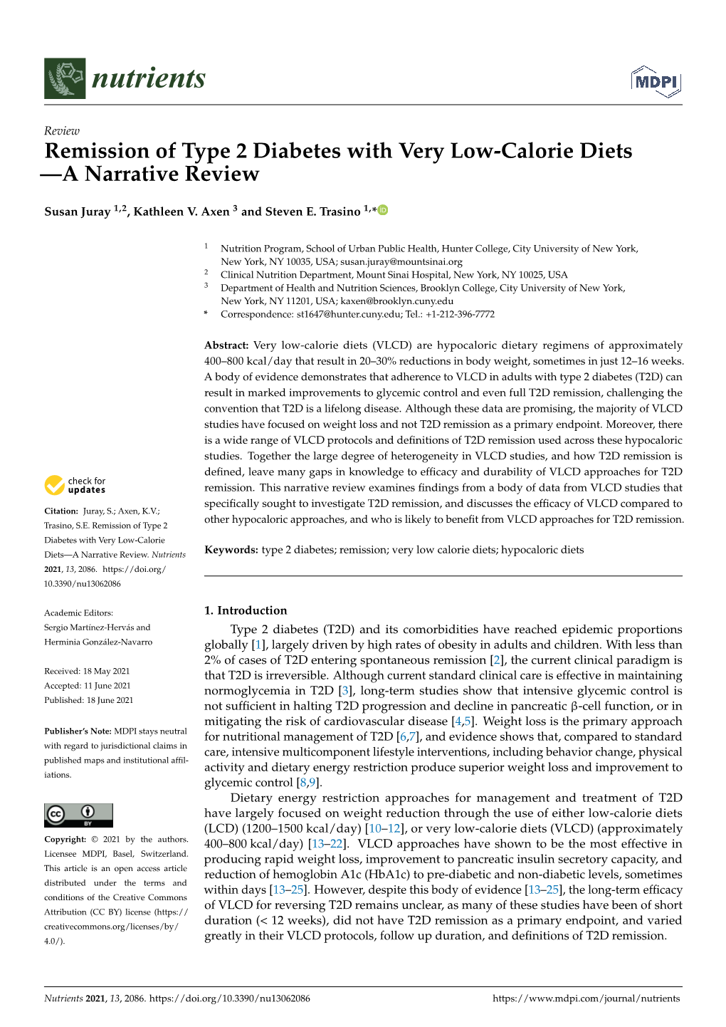 Remission of Type 2 Diabetes with Very Low-Calorie Diets—A Narrative Review