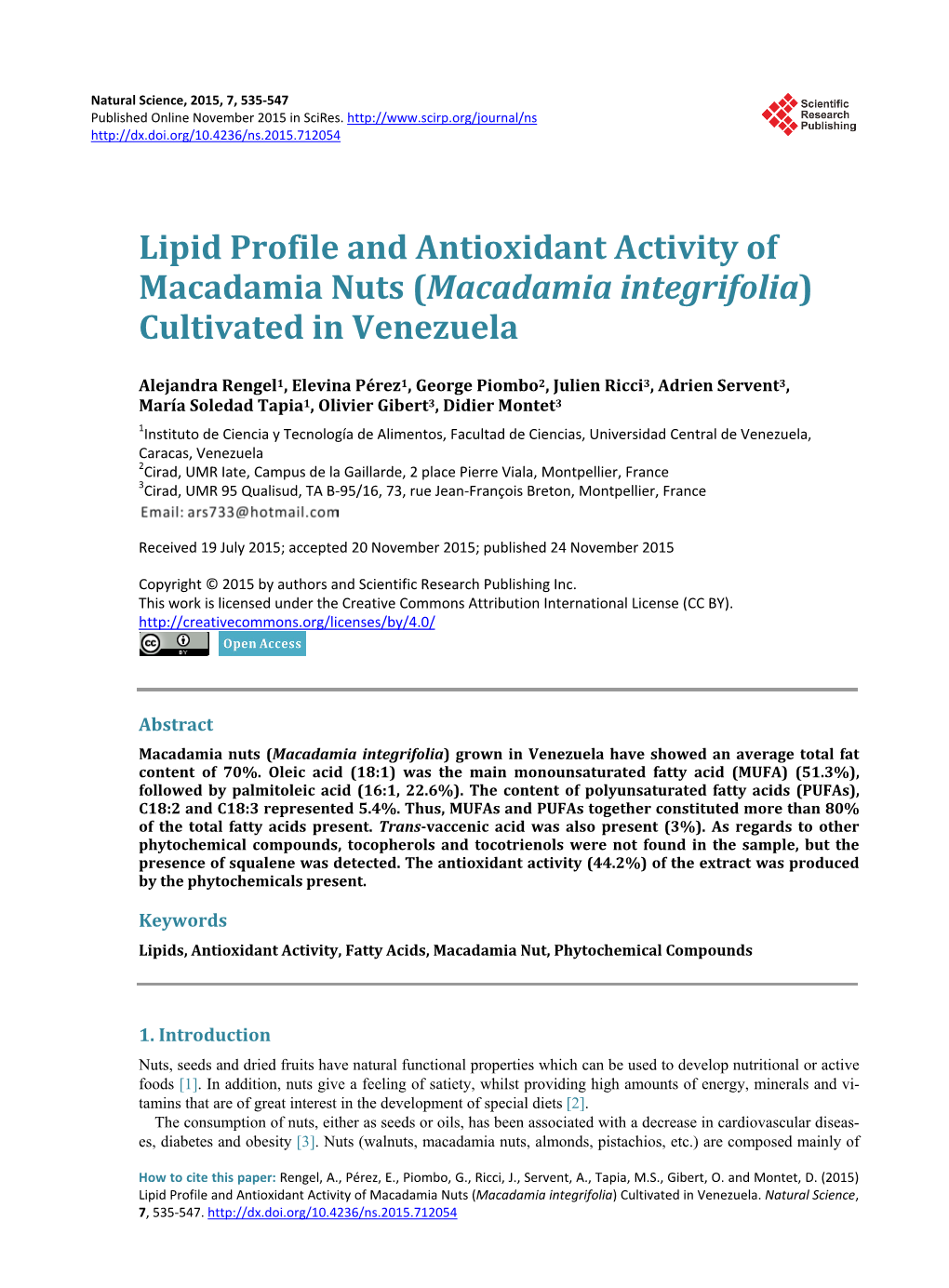 Lipid Profile and Antioxidant Activity of Macadamia Nuts (Macadamia Integrifolia) Cultivated in Venezuela