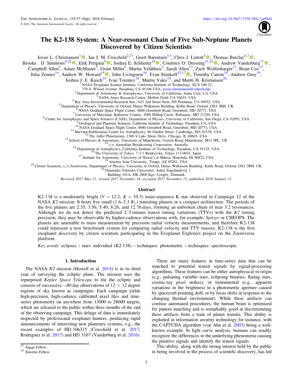 The K2-138 System: a Near-Resonant Chain of Five Sub-Neptune Planets Discovered by Citizen Scientists