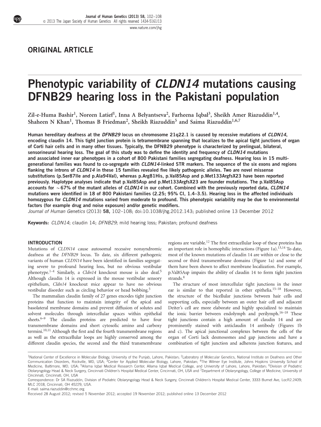 Phenotypic Variability of CLDN14 Mutations Causing DFNB29 Hearing Loss in the Pakistani Population
