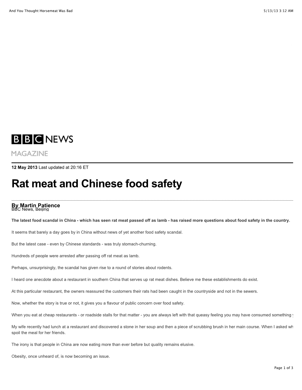 Rat Meat and Chinese Food Safety