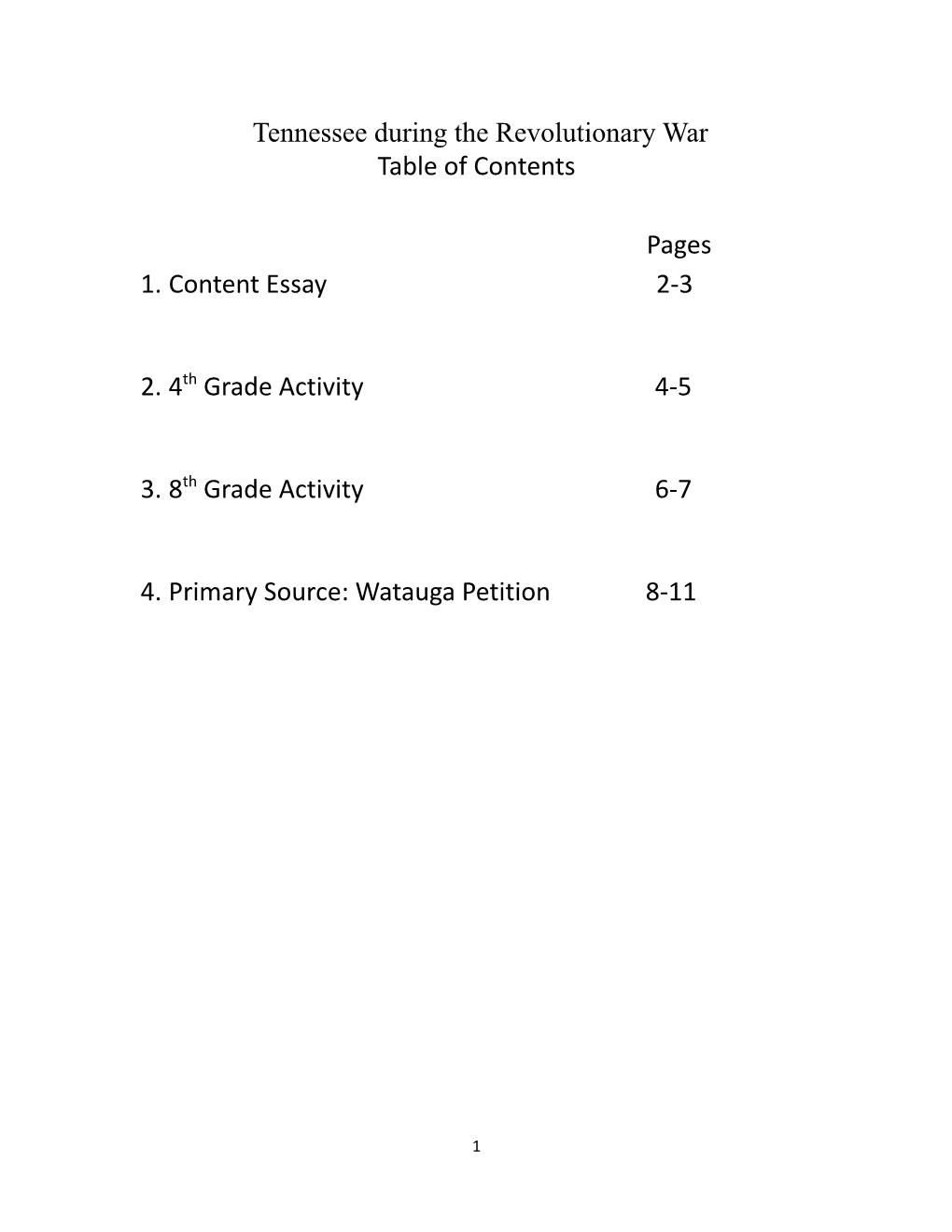 Tennessee During the Revolutionary War Table of Contents