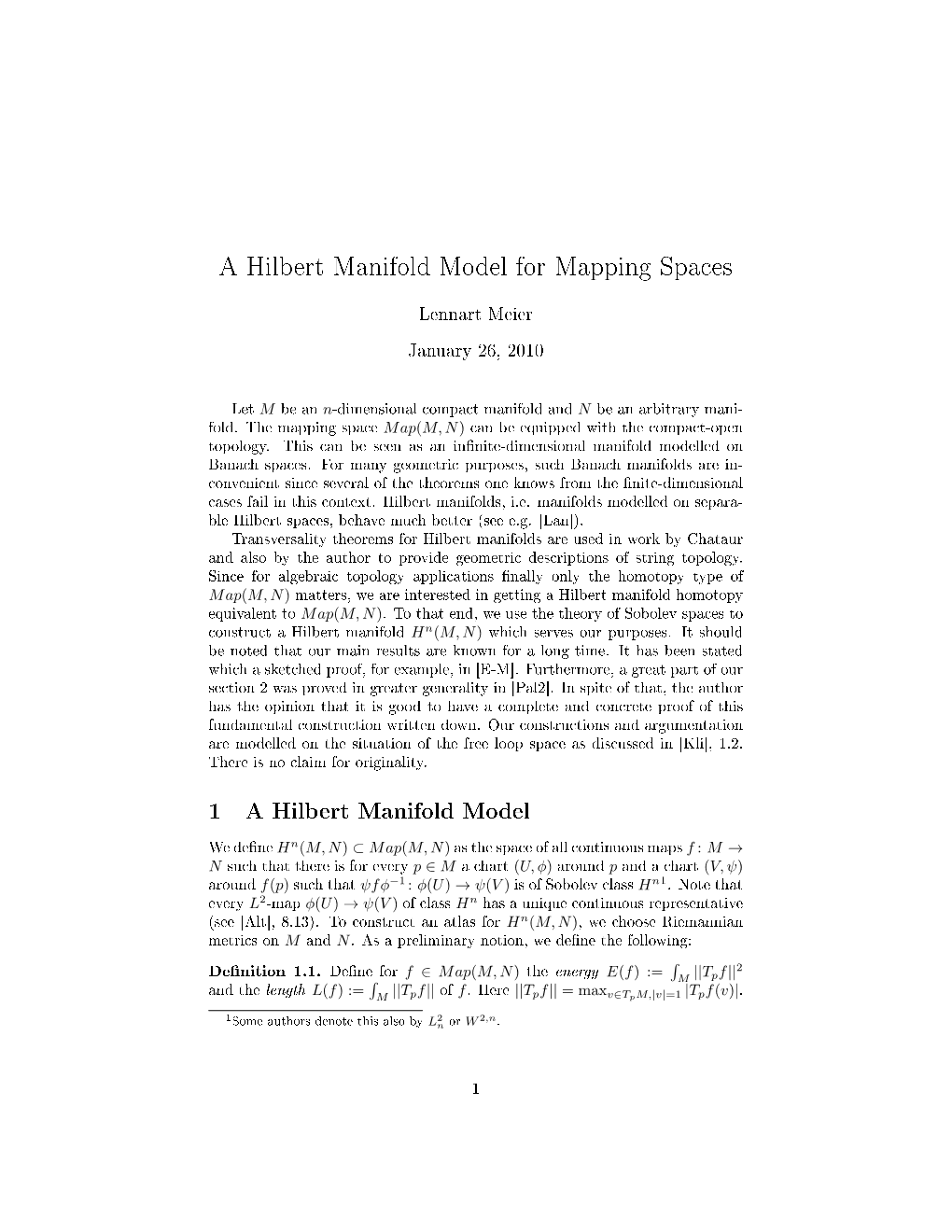 A Hilbert Manifold Model for Mapping Spaces