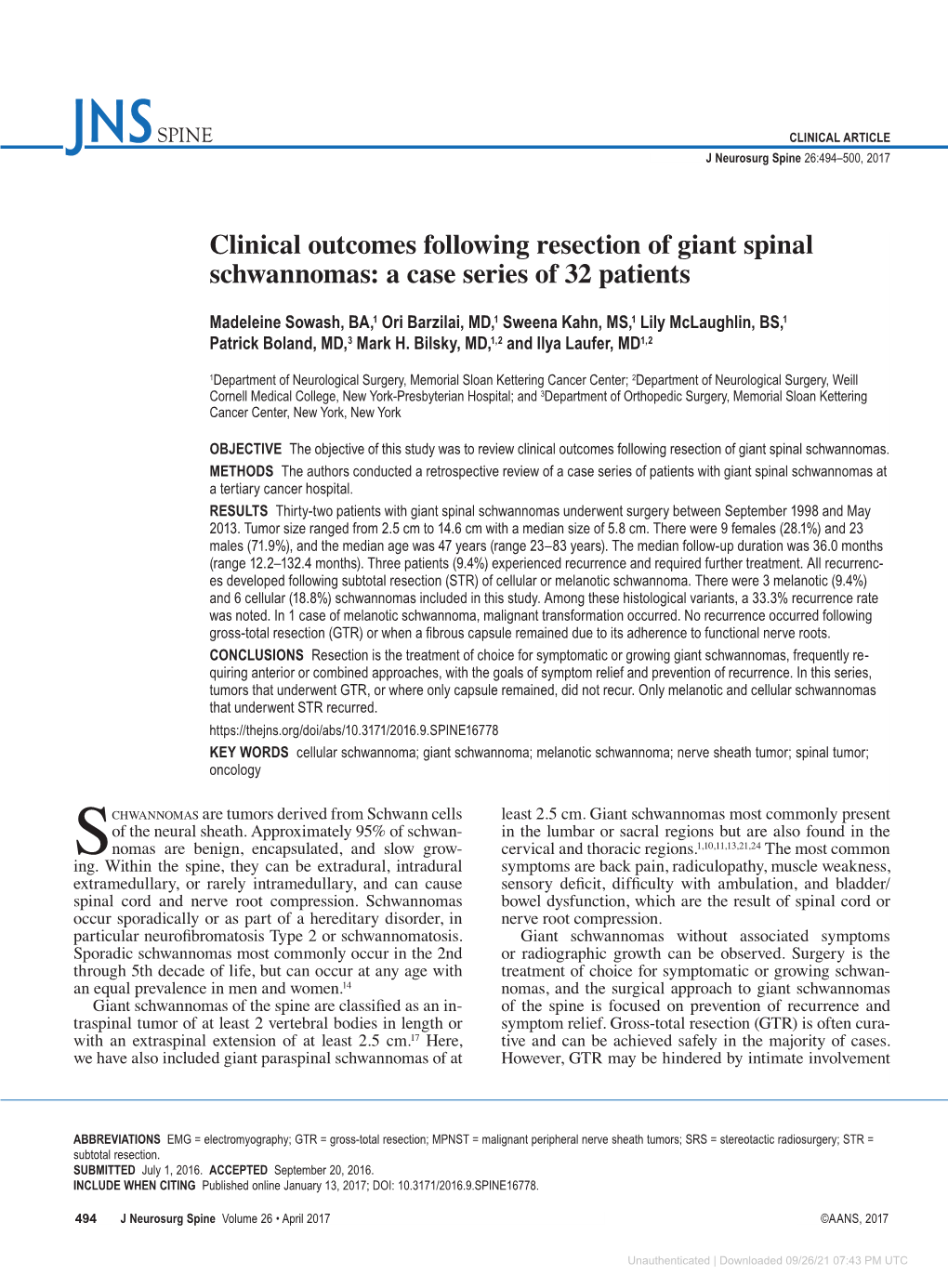 Clinical Outcomes Following Resection of Giant Spinal Schwannomas: a Case Series of 32 Patients