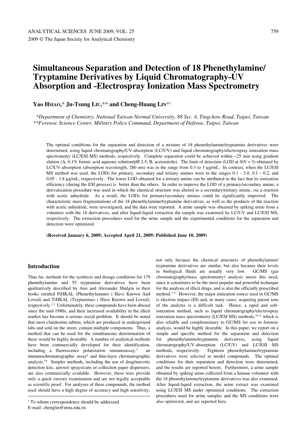 Tryptamine Derivatives by Liquid Chromatography–UV Absorption and –Electrospray Ionization Mass Spectrometry