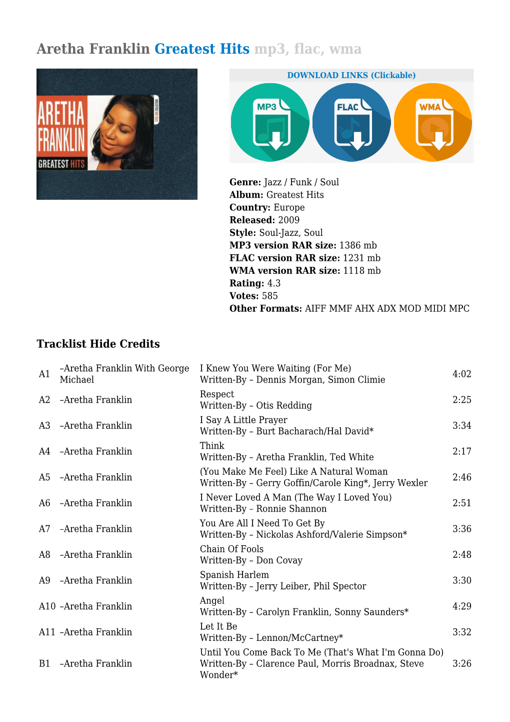 Aretha Franklin Greatest Hits Mp3, Flac, Wma