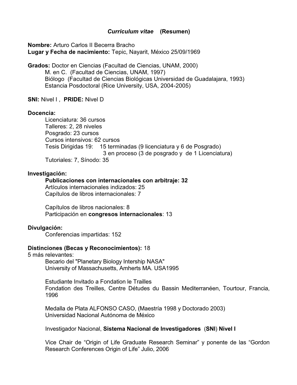 Curriculum Vitae (Resumen)