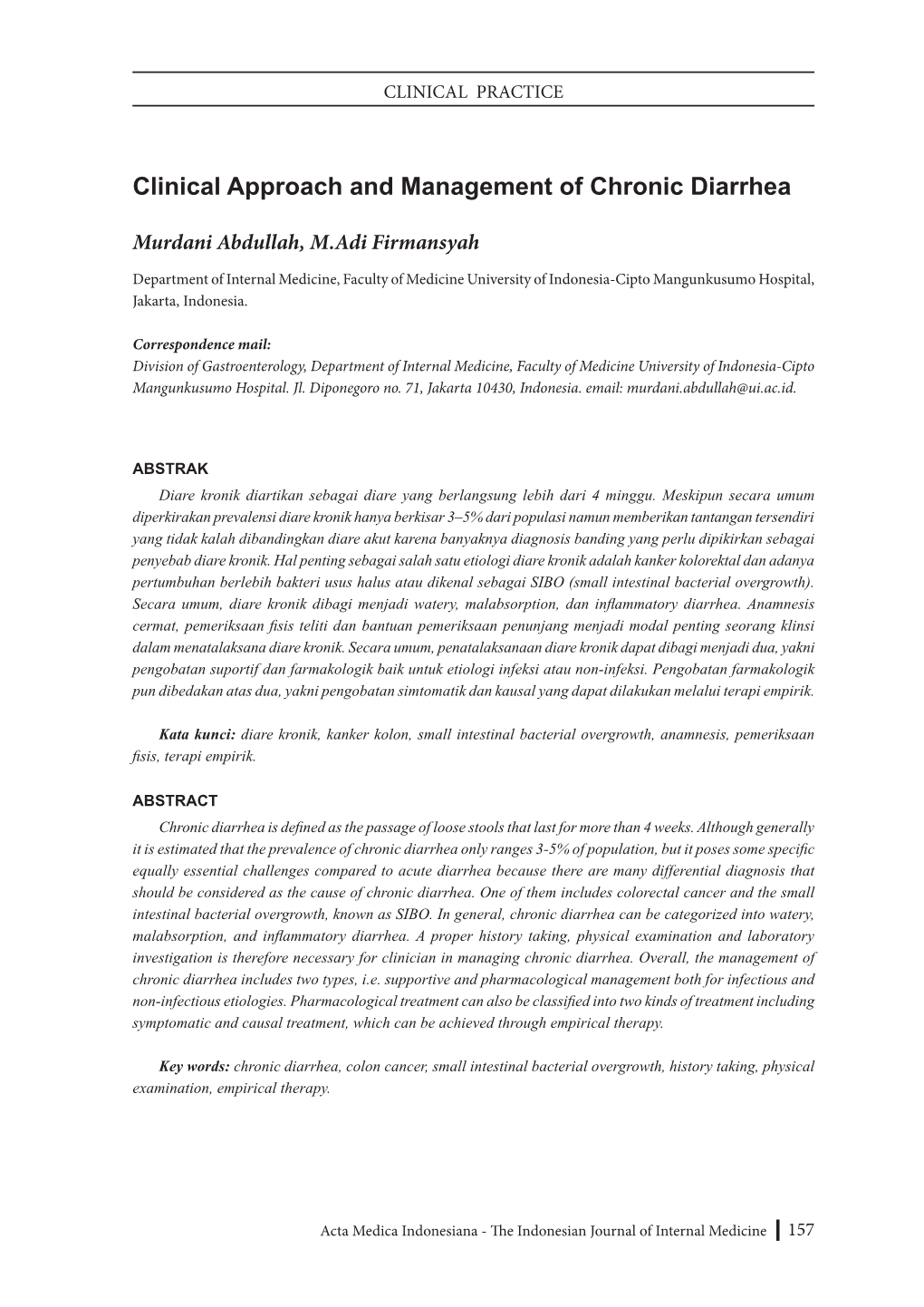 Clinical Approach and Management of Chronic Diarrhea