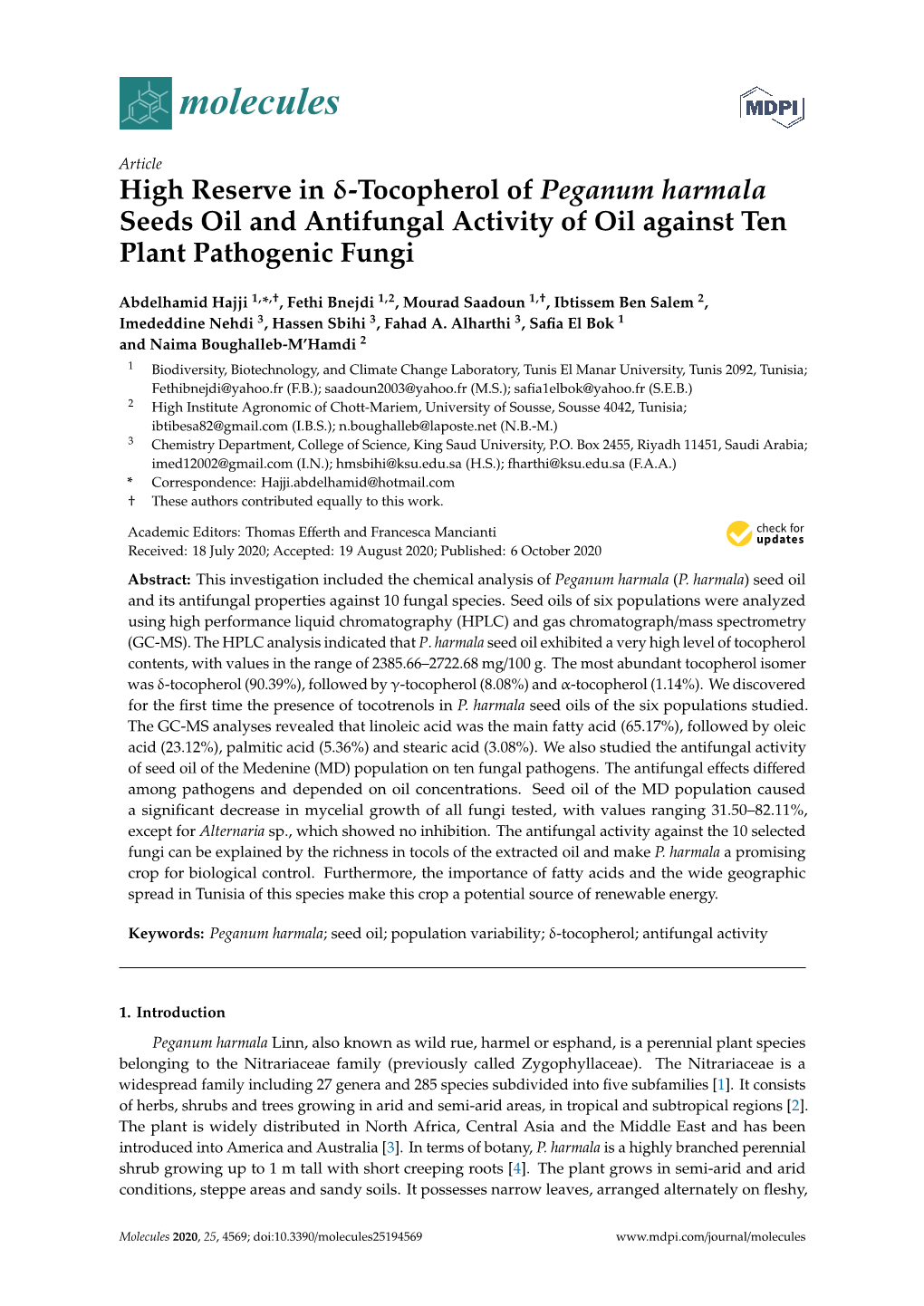 Tocopherol of Peganum Harmala Seeds Oil and Antifungal Activity of Oil Against Ten Plant Pathogenic Fungi