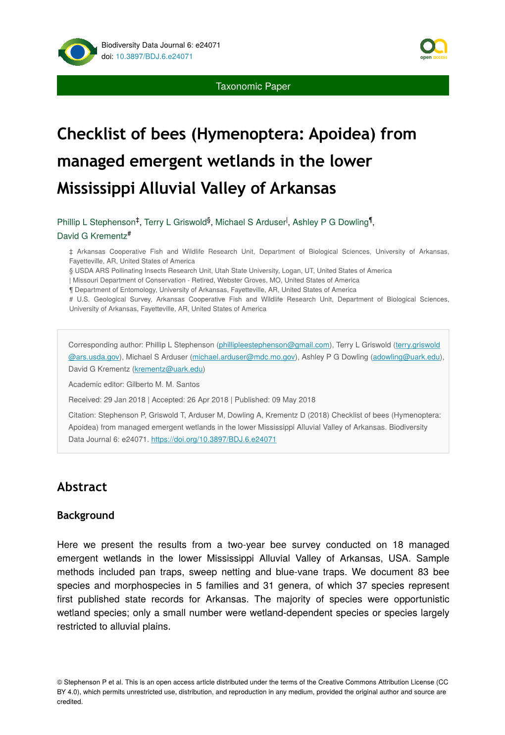 Hymenoptera: Apoidea) from Managed Emergent Wetlands in the Lower Mississippi Alluvial Valley of Arkansas