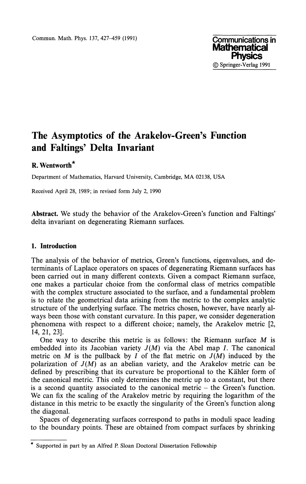 Mathematical Physics the Asymptotics of the Arakelov-Green's