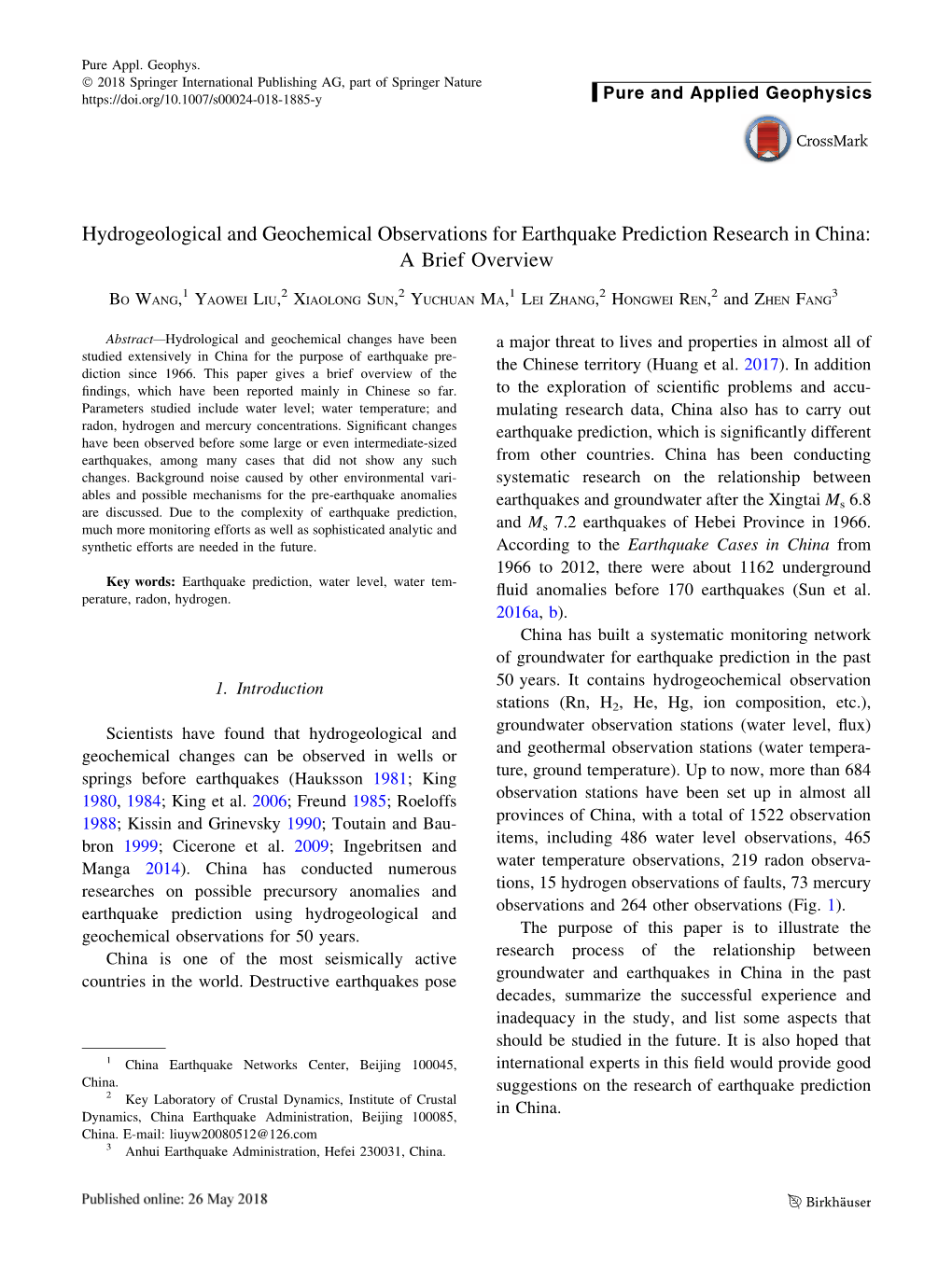 Hydrogeological and Geochemical Observations for Earthquake Prediction Research in China: a Brief Overview