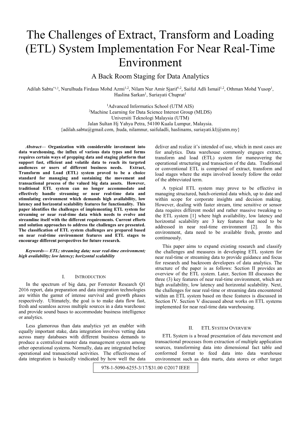 The Challenges of Extract, Transform and Loading (ETL) System Implementation for Near Real-Time Environment a Back Room Staging for Data Analytics