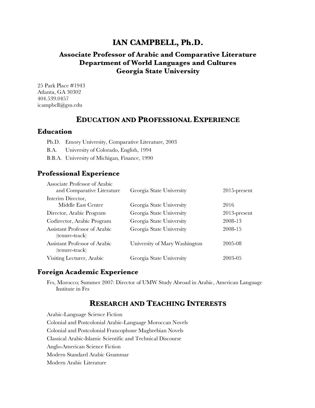 IAN CAMPBELL, Ph.D. Associate Professor of Arabic and Comparative Literature Department of World Languages and Cultures Georgia State University