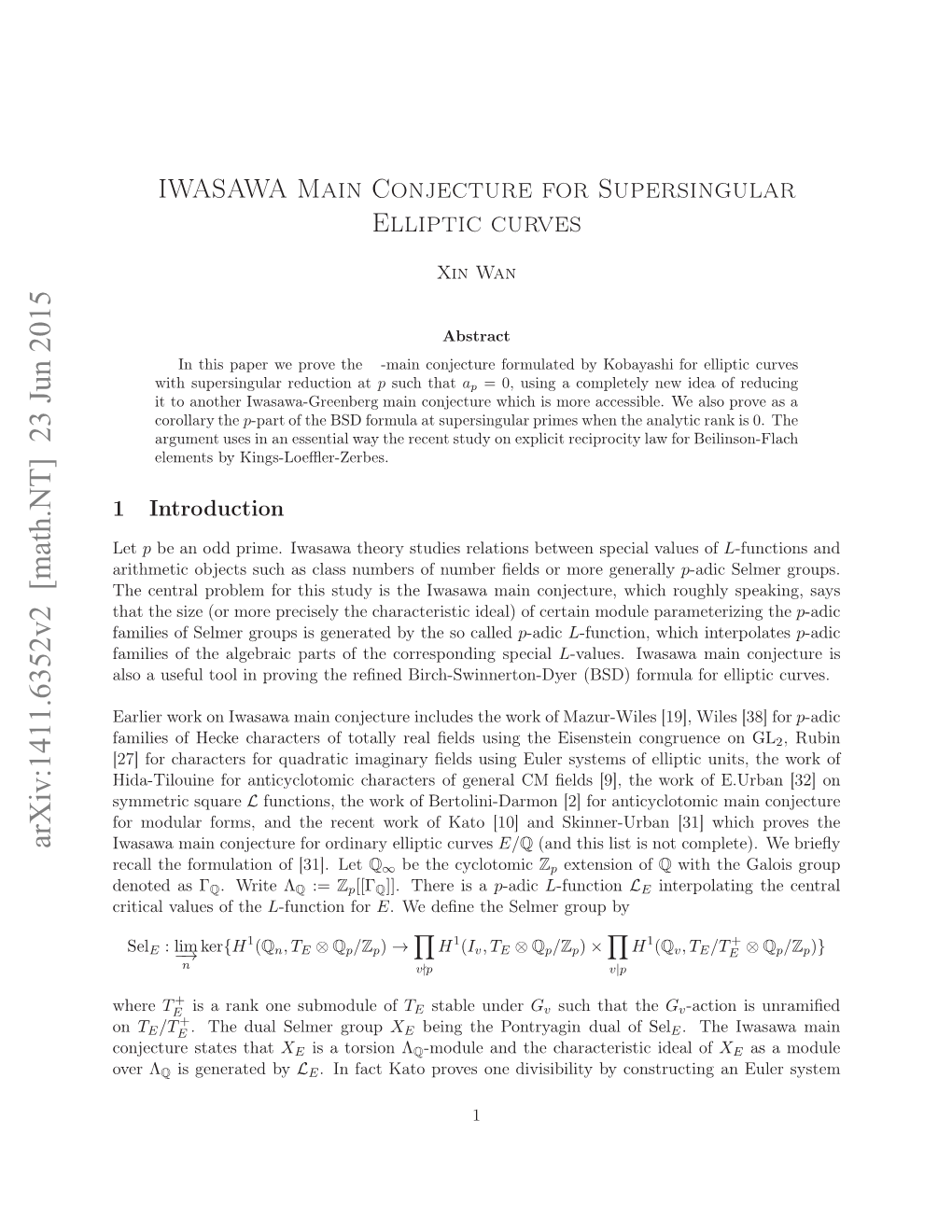 Arxiv:1411.6352V2 [Math.NT] 23 Jun 2015 Aiiso H Leri at Ftecrepnigspecia Corresponding the of Parts Algebraic the of Families Ealtefruaino 3] Let [31]