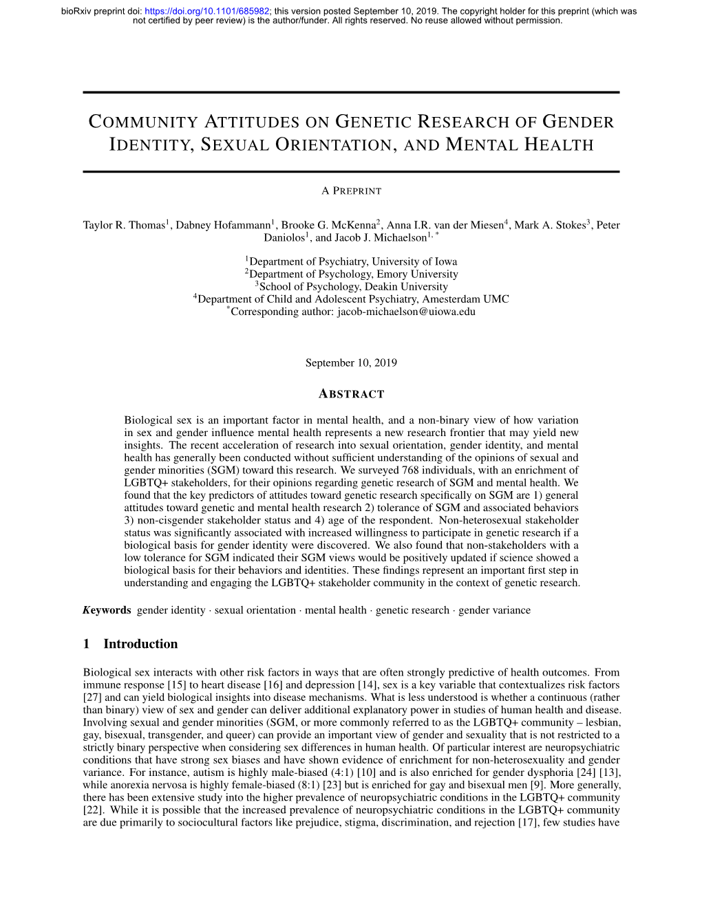 Community Attitudes on Genetic Research of Gender Identity, Sexual