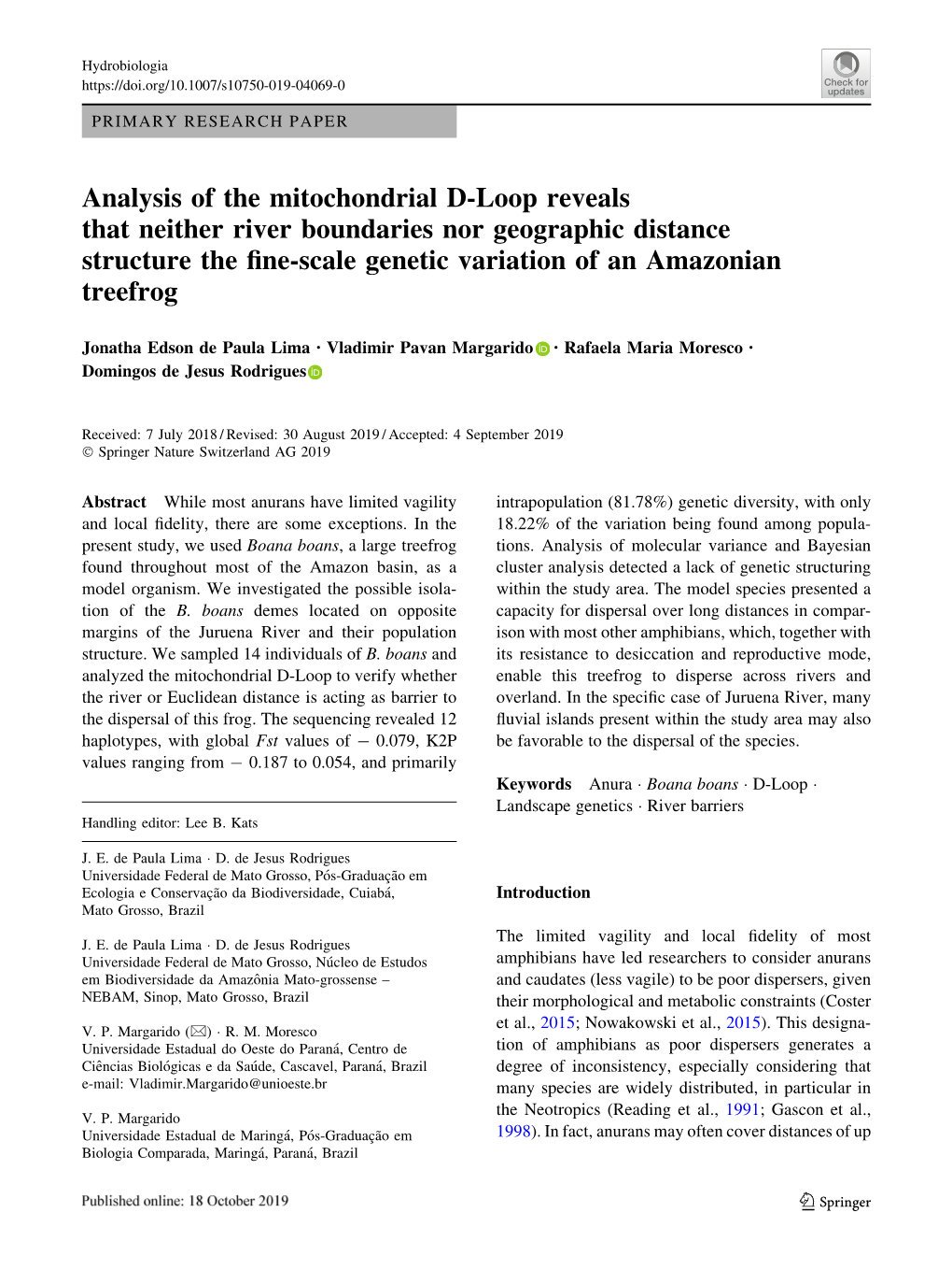 Analysis of the Mitochondrial D-Loop Reveals That Neither River Boundaries Nor Geographic Distance Structure the Fine-Scale Gene