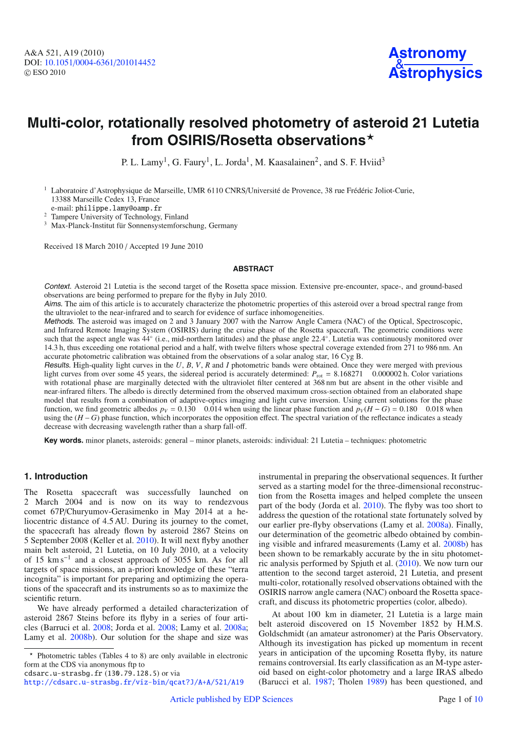 Multi-Color, Rotationally Resolved Photometry of Asteroid 21 Lutetia from OSIRIS/Rosetta Observations