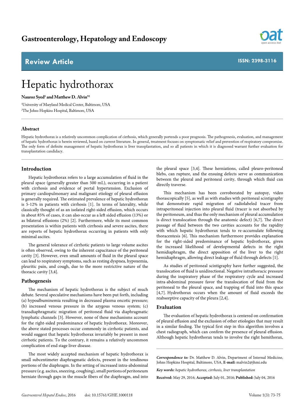 Hepatic Hydrothorax Nauroz Syed1 and Matthew D