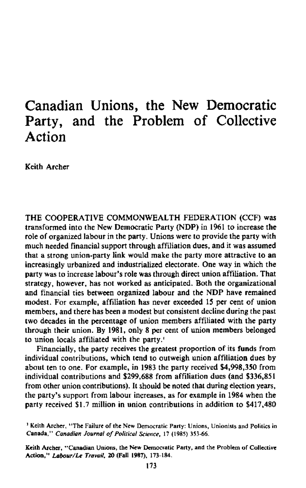 Canadian Unions, the New Democratic Party, and the Problem of Collective Action