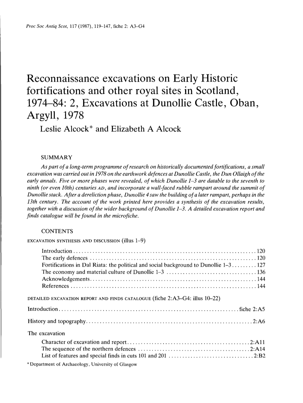 Reconnaissance Excavations on Early Historic Fortifications and Other