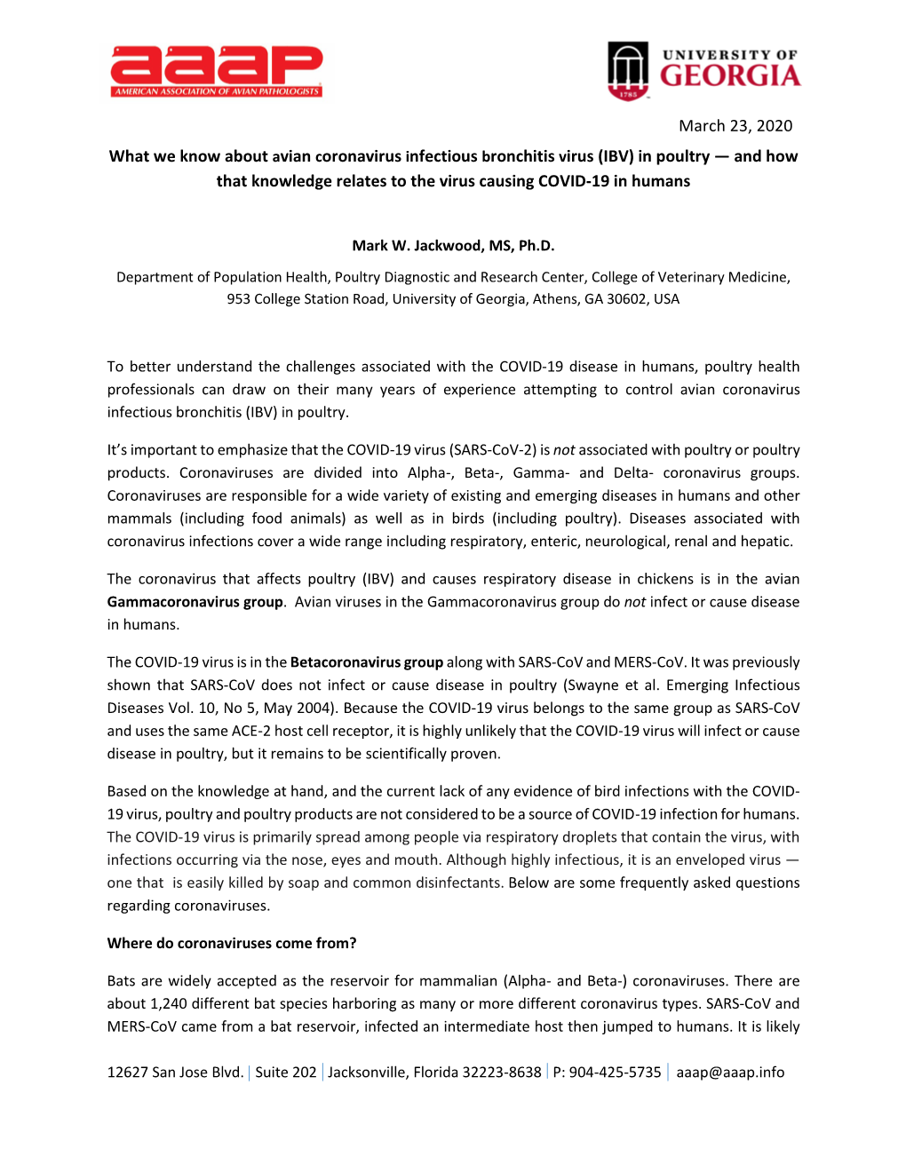 What We Know About Avian Coronavirus Infectious Bronchitis Virus (IBV) in Poultry — and How That Knowledge Relates to the Virus Causing COVID-19 in Humans