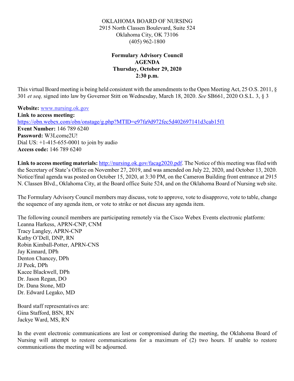 Formulary Advisory Council Meeting Agenda for October 29, 2020