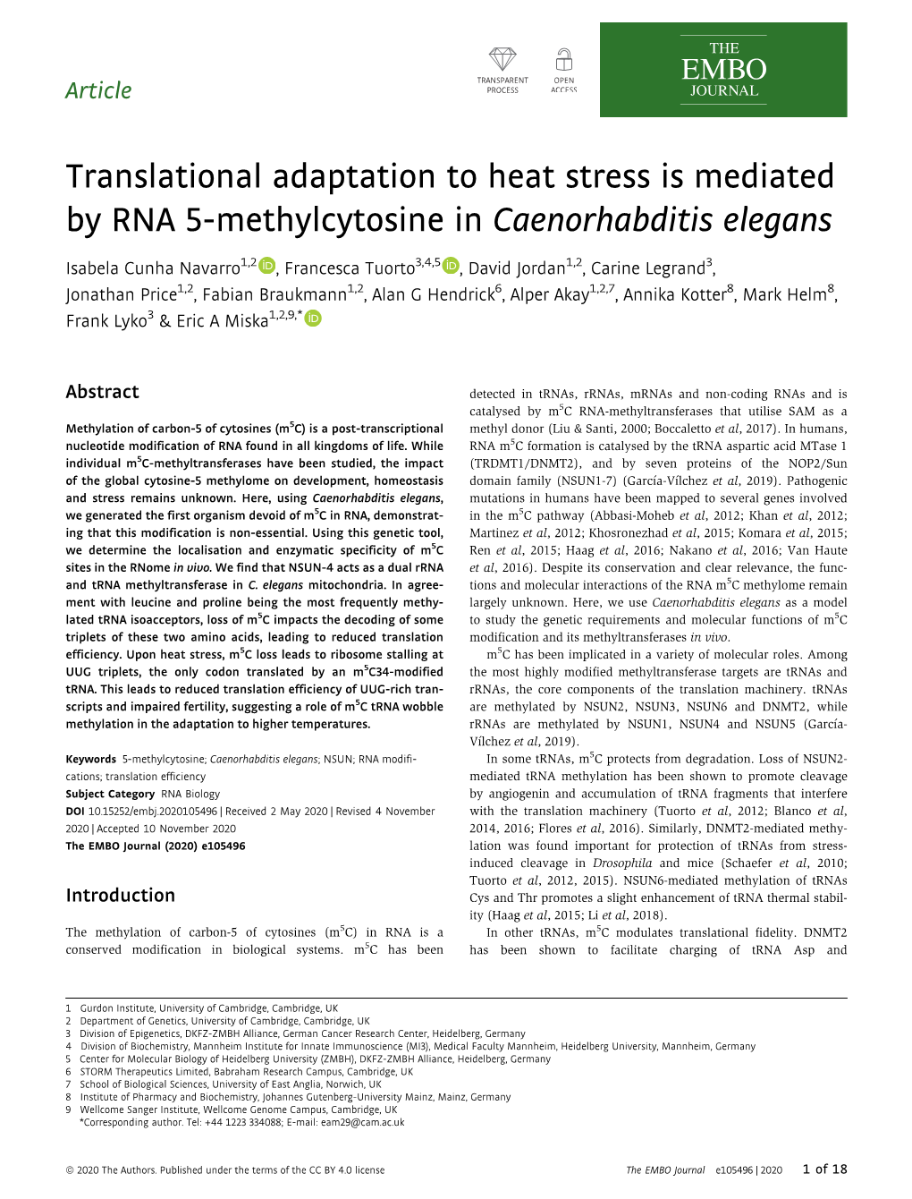 Translational Adaptation to Heat Stress Is Mediated by RNA 5-Methylcytosine in Caenorhabditis Elegans