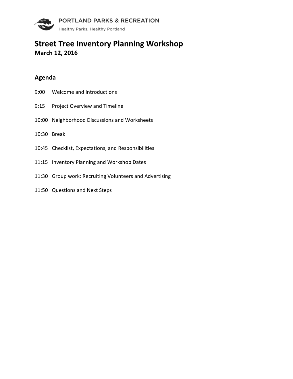 Street Tree Inventory Planning Workshop March 12, 2016