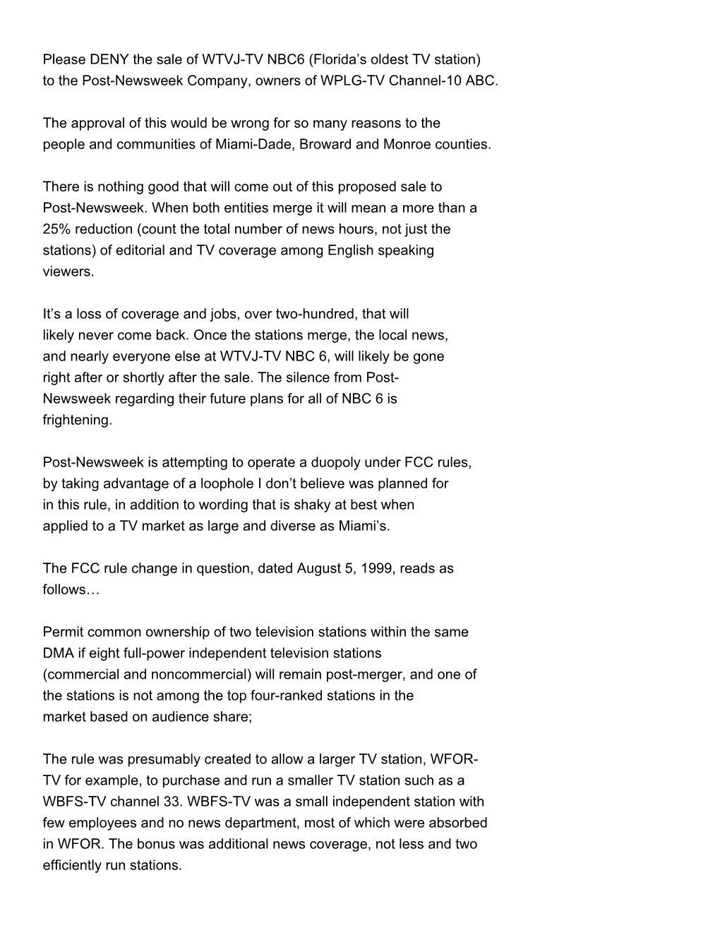 Please DENY the Sale of WTVJ-TV NBC6 (Florida's Oldest TV Station) to the Post-Newsweek Company, Owners of WPLG-TV Channel-10