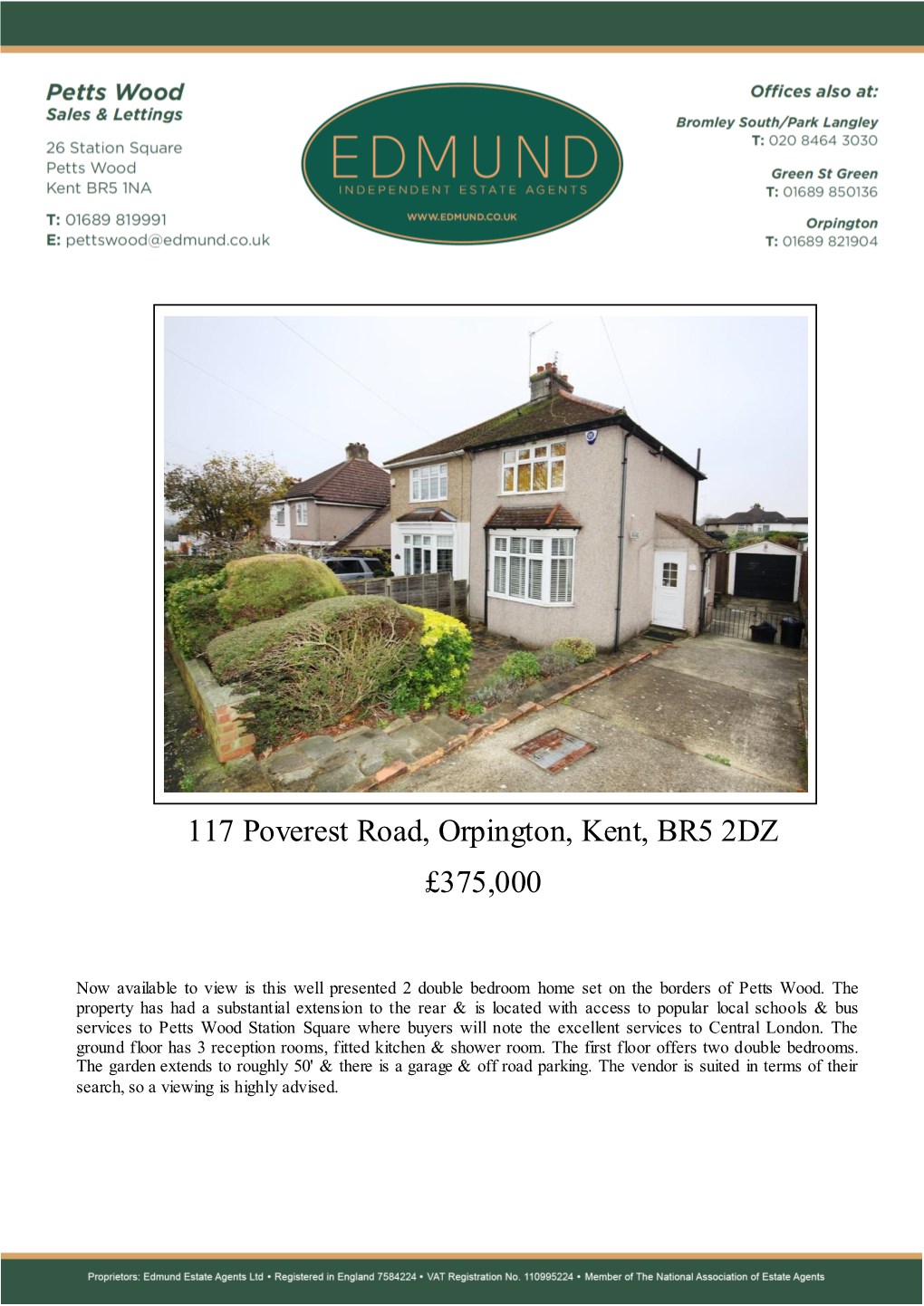 117 Poverest Road, Orpington, Kent, BR5 2DZ £375,000