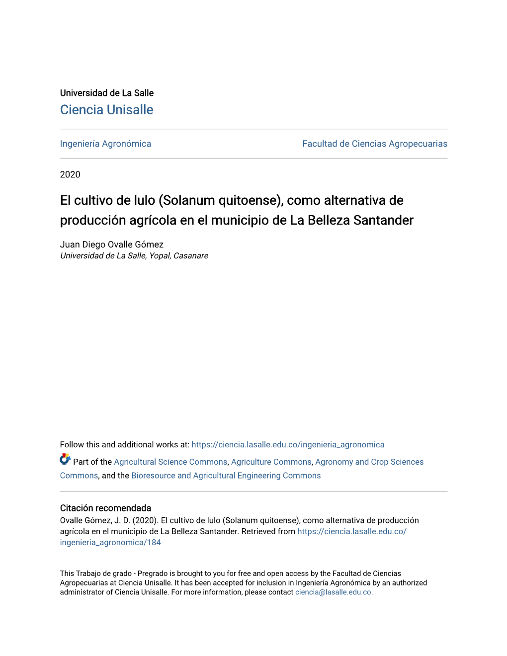 El Cultivo De Lulo (Solanum Quitoense), Como Alternativa De Producción Agrícola En El Municipio De La Belleza Santander