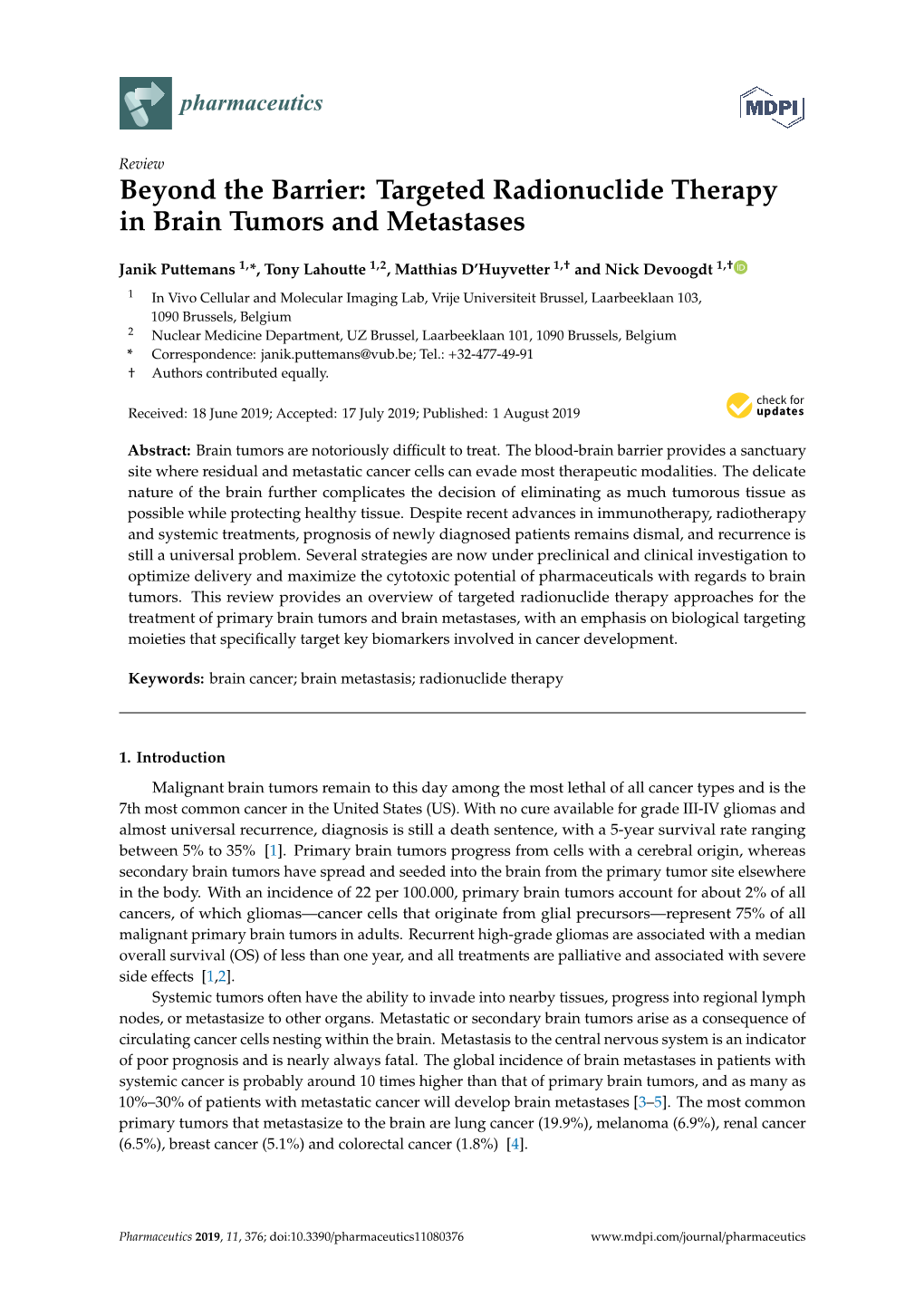 Beyond the Barrier: Targeted Radionuclide Therapy in Brain Tumors and Metastases